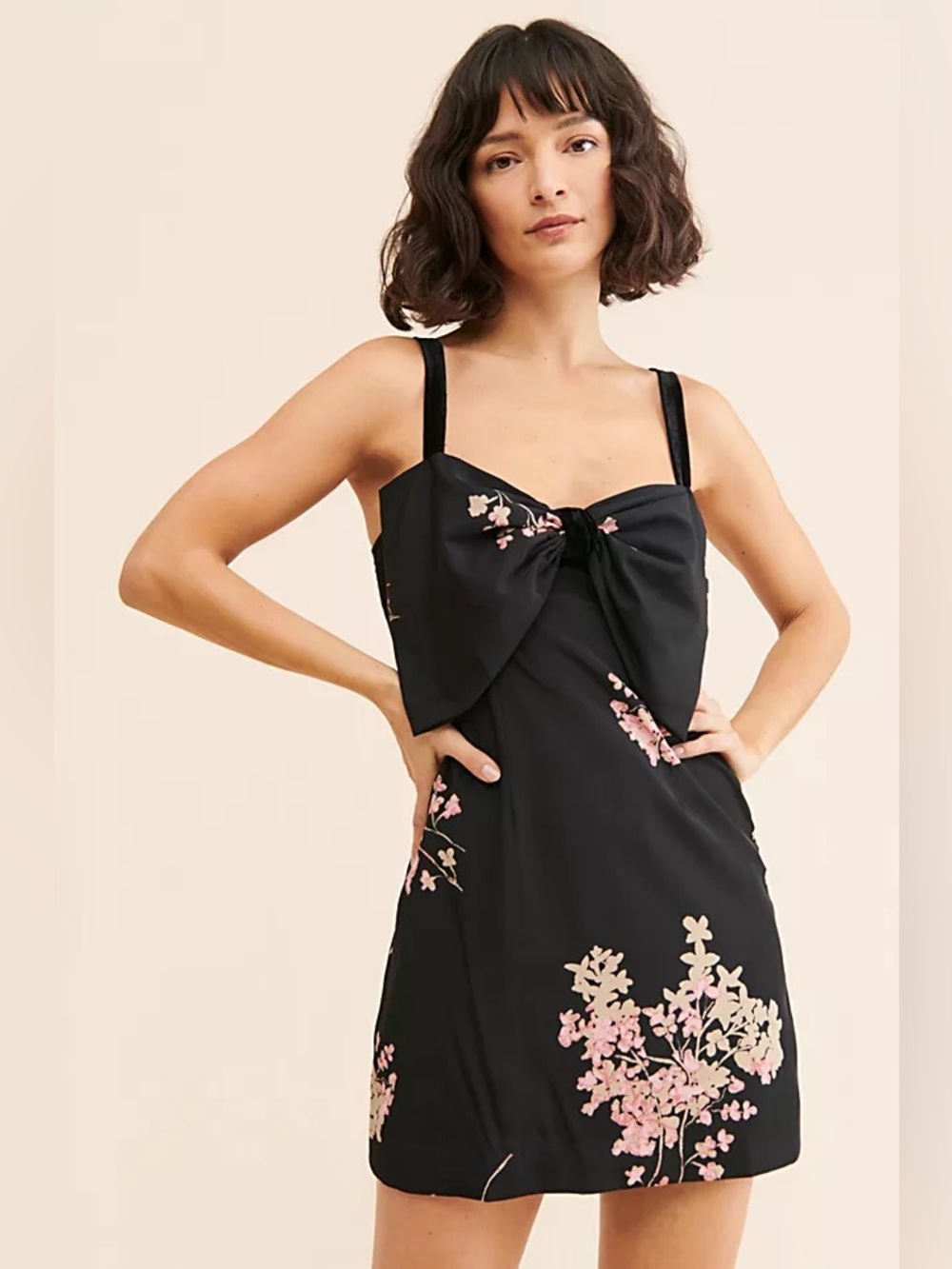 Free People Black Slip Dress with Pink Floral Bow Front
